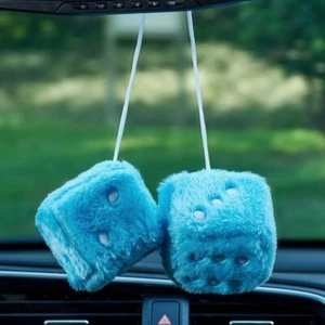 Car Fuzzy Dice Blue Front Auto Plush Hanging Rear View Mirror Decorations 1 Pair - Picture 1 of 8
