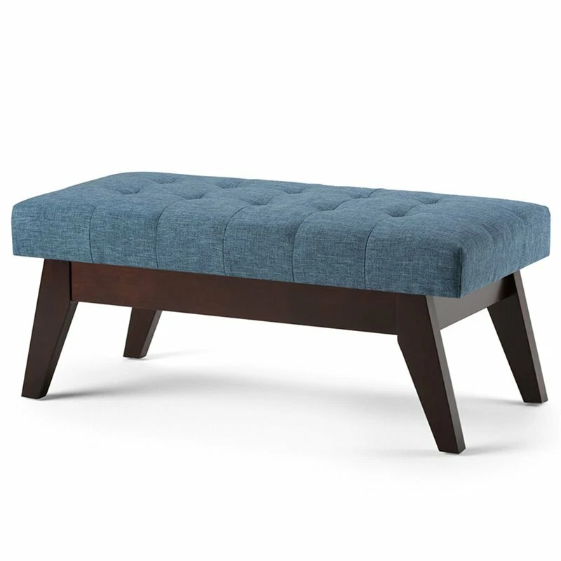 Simpli Home Draper Mid Century Tufted Living Room Bench in Denim Blue
