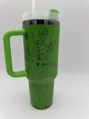 40oz Insulated Christmas Neon Grinch Tumbler Laser Engraved -  I am Booked - Image 1 of 4