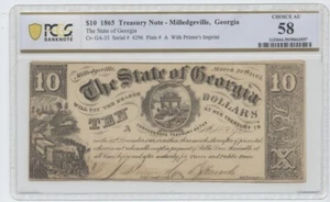 1865 $10 The State of Georgia, Milledgeville- Treasury Note PCGS Choice Unc 58 - Picture 1 of 2