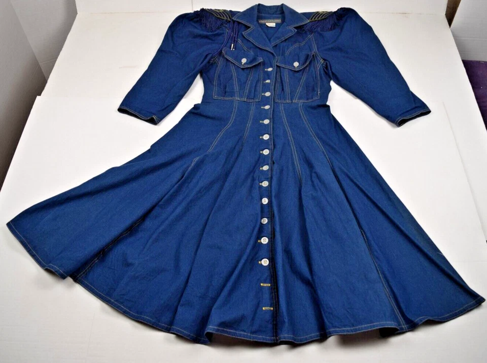 Vintage Dress Karen Alexander Size 10 80s Blue Denim Military Shoulders Made USA - Image 1 of 4
