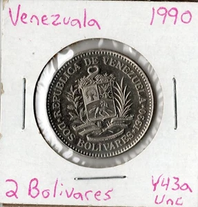 Moneda Venezuela 2 Bolívares 1990 Y43a - Imagen 1 de 2