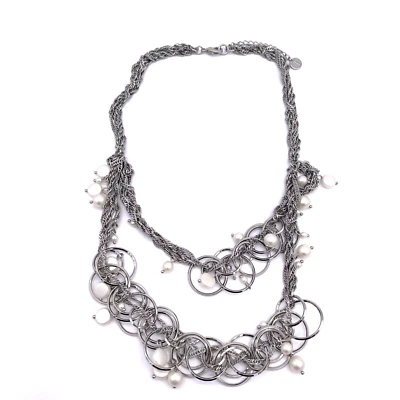 Collar de cadena en capas con discos de perlas con cuentas Talbots tono plata 19 a 21 pulgadas Foto 1 de 4