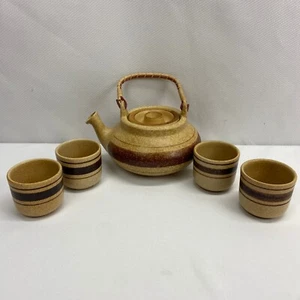 Pottery Craft Teapot & 4 Cups Set Stoneware Tan Brown USA Bamboo Handle #460 - Picture 1 of 16