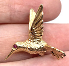 14k Gold Hummingbird Brooch Bird Pin Ruby Eye 