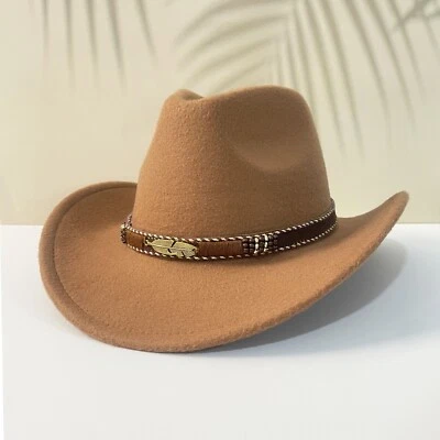 Light Brown Western Cowboy Cowgirl Hat– Gold Feather Braid Band, Felt, Men Women - Image 1 of 4