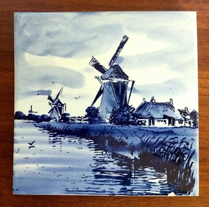 Vintage Hand-Painted Blue Delft Tile w/ Dutch Windmills & Houses on Canal 6” Sq. - Picture 1 of 4