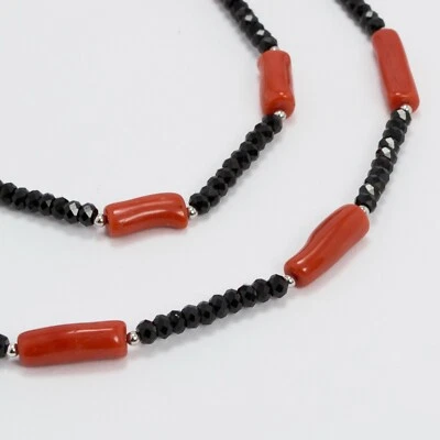 COLLANA LUNGA IN ARGENTO 925 CON CORALLO ROSSO E SPINELLI NERI AGLN 0214 - Immagine 1 di 4