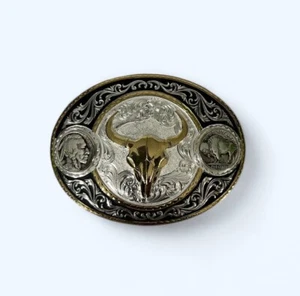 Montana Silversmiths Two-Tone Buffalo Nickel Belt Buckle with Longhorn Skull - Picture 1 of 4