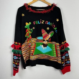Womens Ugly Sweater Black Feliz Navidad Dog Sombrero Christmas Size 1X - Picture 1 of 9