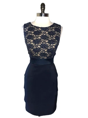 CONNECTED Size 8 Sheath Dress Blue Lace Shimmery Beige Lining Tiered Layers - Image 1 of 4