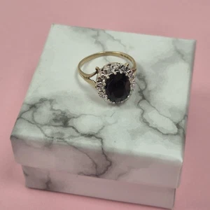 Vintage 9ct Gold Large Oval Black Sapphire White Stones Cluster Ring Halo Uk M - Picture 1 of 9