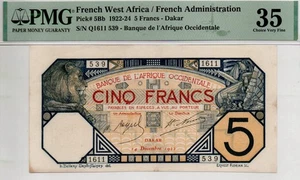 French West Africa 5 Francs 1922 Pick 5Bb Rare (PMG 35 VF) - Picture 1 of 2