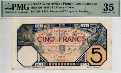 French West Africa 5 Francs 1922 Pick 5Bb Rare (PMG 35 VF) - Image 1 of 2