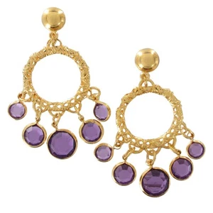 Pierced Earrings Chandelier Gold Tone Purple Faux Crystal 1 1/2" - Picture 1 of 4