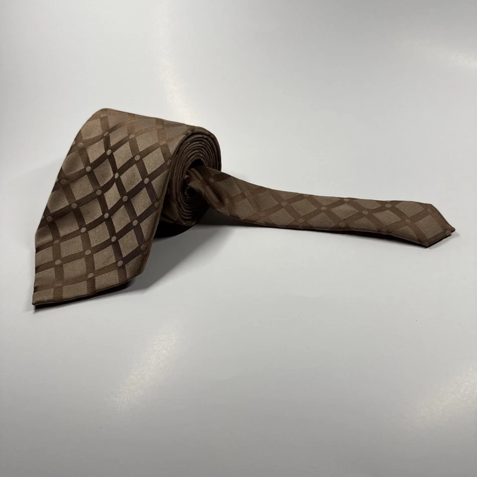 Claiborne Men’s Silk Tie Extra Long Gold Stripes And Squares - Image 1 of 4