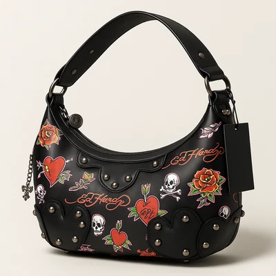 Ed Hardy Tattoo Print Studded Shoulder Bag Black Multicolor Vegan Punk NWT Skull - Image 1 of 4