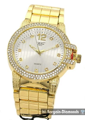 Reloj de pulsera para hombre 44 mm dorado-circonita cúbica esfera plateada oro-blanco manecillas de hasta 8" Foto 1 de 4