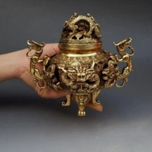 7" Chinese Brass Gilt Nine Dragon Incense Burner Censer Incensory Burner Statue - Picture 1 of 9