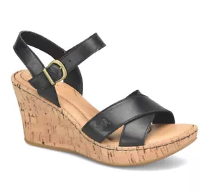 Sandalo donna Alaina in pelle/sughero con zeppa plateau e incrociato nuovo con scatola Born US 10 nero - Foto 1 di 24