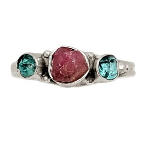 Natural Pink Tourmaline & Neon Blue Apatite 925 Silver Ring Jewelry s.9 CR73025 - Picture 1 of 1