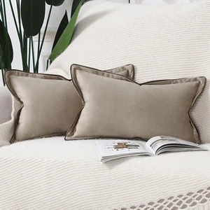 Set of 2 Velvet Fringed Throw Pillow Covers 12x20 Inch Light Taupe Soft Decor... - Picture 1 of 6