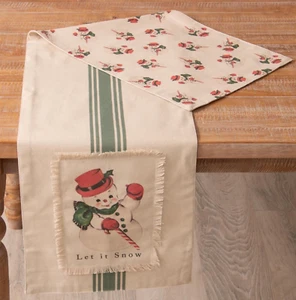 NEW FARMHOUSE SNOWMAN TABLE RUNNER CHRISTMAS RED GREEN CREAM 15"x57" Reversible - Picture 1 of 3