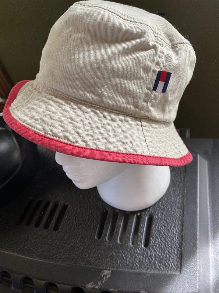 RARE Vintage TOMMY HILFIGER Flag Logo Khaki Reverses to Red Bucket Hat Adult S/M - Image 1 of 4