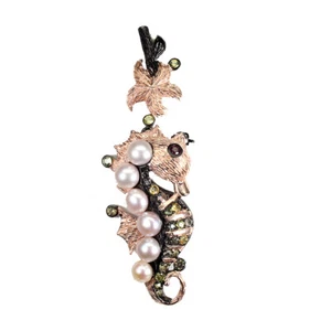 Sapphire Round Diamond Rhodolite Pearl 925 Sterling Silver Sea Horse Pendant - Picture 1 of 10