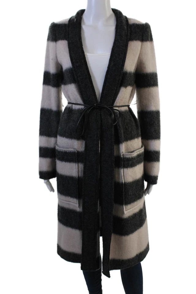 Ramy Brook Women Overcoat Beige Striped Tie V Neck Mohair Size XS - Image 1 of 4
