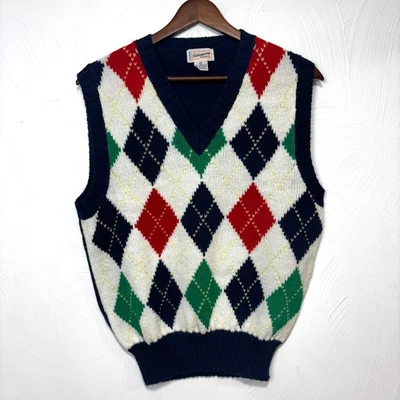 复古当代经典 Argyle 毛衣背心蓝色红色白色绿色男式 L — 第 1/4 张图片