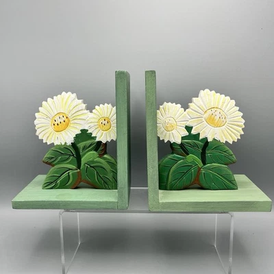 Wooden Bookends Pair Sunflowers Green Hand Painted Garden Books Kitchen Library - Image 1 of 4