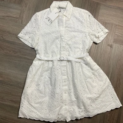 Mini vestido Zara bordado ilhós 4877/010 feminino pequeno com cinto branco boho novo com etiquetas - Imagem 1 de 4