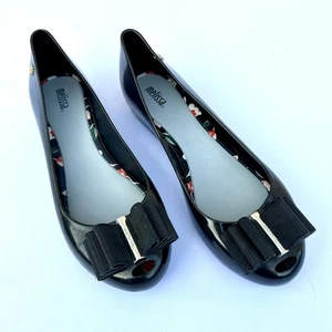 Melissa Women’s Black Peep Toe Ballet Coquette Flats Slip One With Bow Sz 10 - Picture 1 of 6