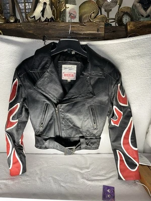 WhereMi Michael Hoban 1991 north beach Flames Fire Leather Motorcycle Jacket SM - Image 1 of 4