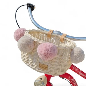 Kids Bike Basket Ecru Belt Handlebar Poms 26cm - Picture 1 of 5