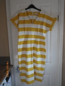 BNWOT JASPER CONRAN YELLOW/WHITE STRIPE STRETCH FITTED DRESS SZ 14 X LENGTH 43 - Picture 1 of 4