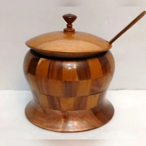 Vintage Wooden Sugar Bowl with Lid and Spoon - Picture 1 of 1