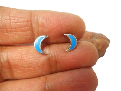 Blue Crescent Moon Turquoise  Sterling  Silver 925 Gemstone Stud Earrings - Image 1 of 4