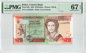 BELIZE 20 Dollars 1997, P-63a Scarce Date, PMG 67 EPQ Superb Gem UNC, QEII Note - Picture 1 of 2