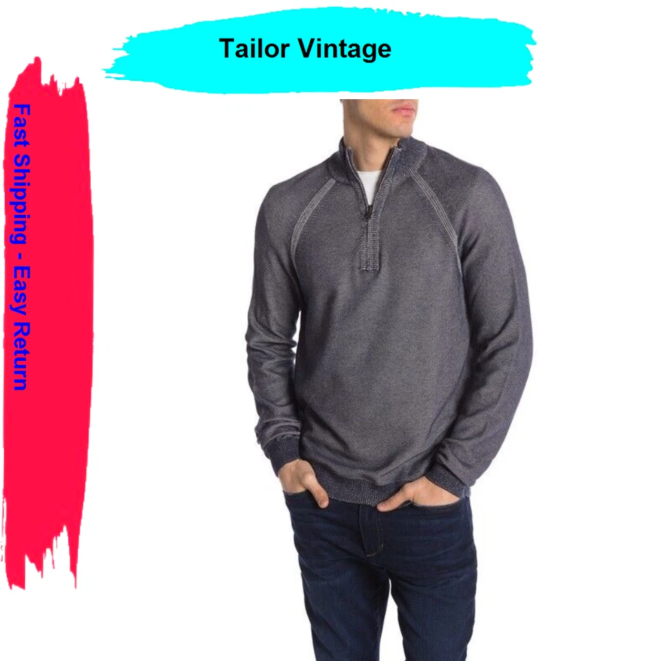 Tailor Vintage Birdseye Rev 1/4 Zip Knit Pullover Navy Blazer/pebbl Sz S