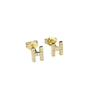 14k Yellow Gold Created White Sapphire Initial H Letter Stud Earrings Plated - Picture 1 of 1