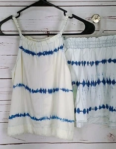 Tie-Dye White & Blue Sleeveless Top And Elastic Waist Shorts Set Girls Size 8 - Picture 1 of 10