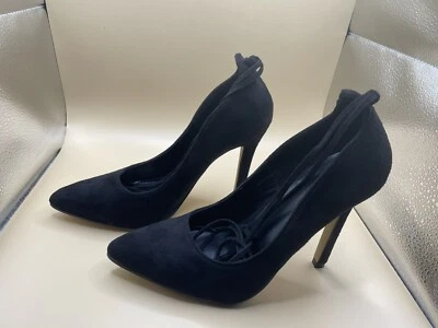 Black Suede Strappy Stiletto Heel Pumps Pointed Toe SZ 39 (8) Sexy EXC - Image 1 of 4
