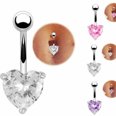 Crystal Heart Navel Bar Belly Button Ring 316L Stainless Steel 8mm CZ -UK SELLER - Image 1 of 4