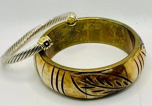 Vintage Lot of 2 Bracelets - Silver Tone Twist Open Cuff & Carved Wide Bangle - Picture 1 of 3