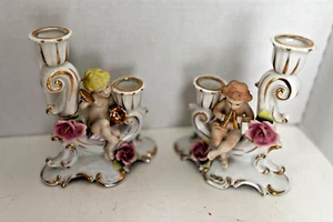 2 Cherub mit Musikinstrumenten Doppel Kerzenhalter Japan 1 DEFEKT REPARIERT - Bild 1 von 20