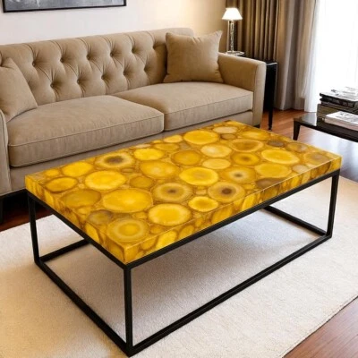 24"x15" Yellow Agate Gemstone Table Living Room Slab Handmade Dining Table Decor - Image 1 of 4