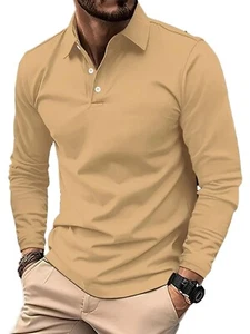 Men's Long Sleeve Polo Shirts Casual Button Collared Basic Shirt with Pocket - Picture 1 of 7