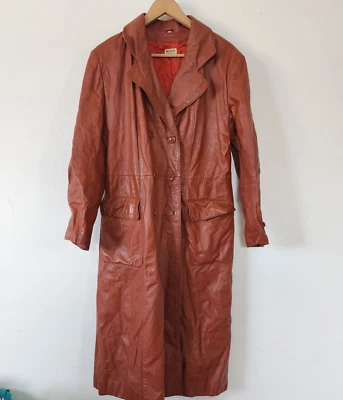 Винтажный женщин 70-х оранжевый кожаный траншея куртка размер 14 Корея - Изображение 1 из 4